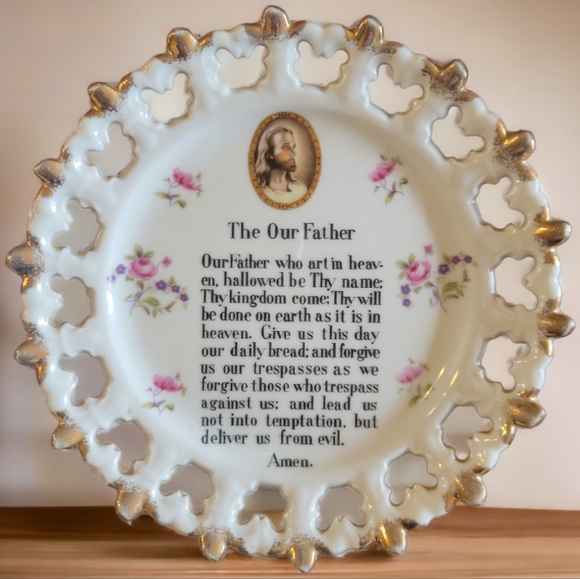 1 Vtg The Lord's Prayer Plate Jesus Plaque Cutout Edge Gold Trim Floral Nikoniko - Picture 2 of 3